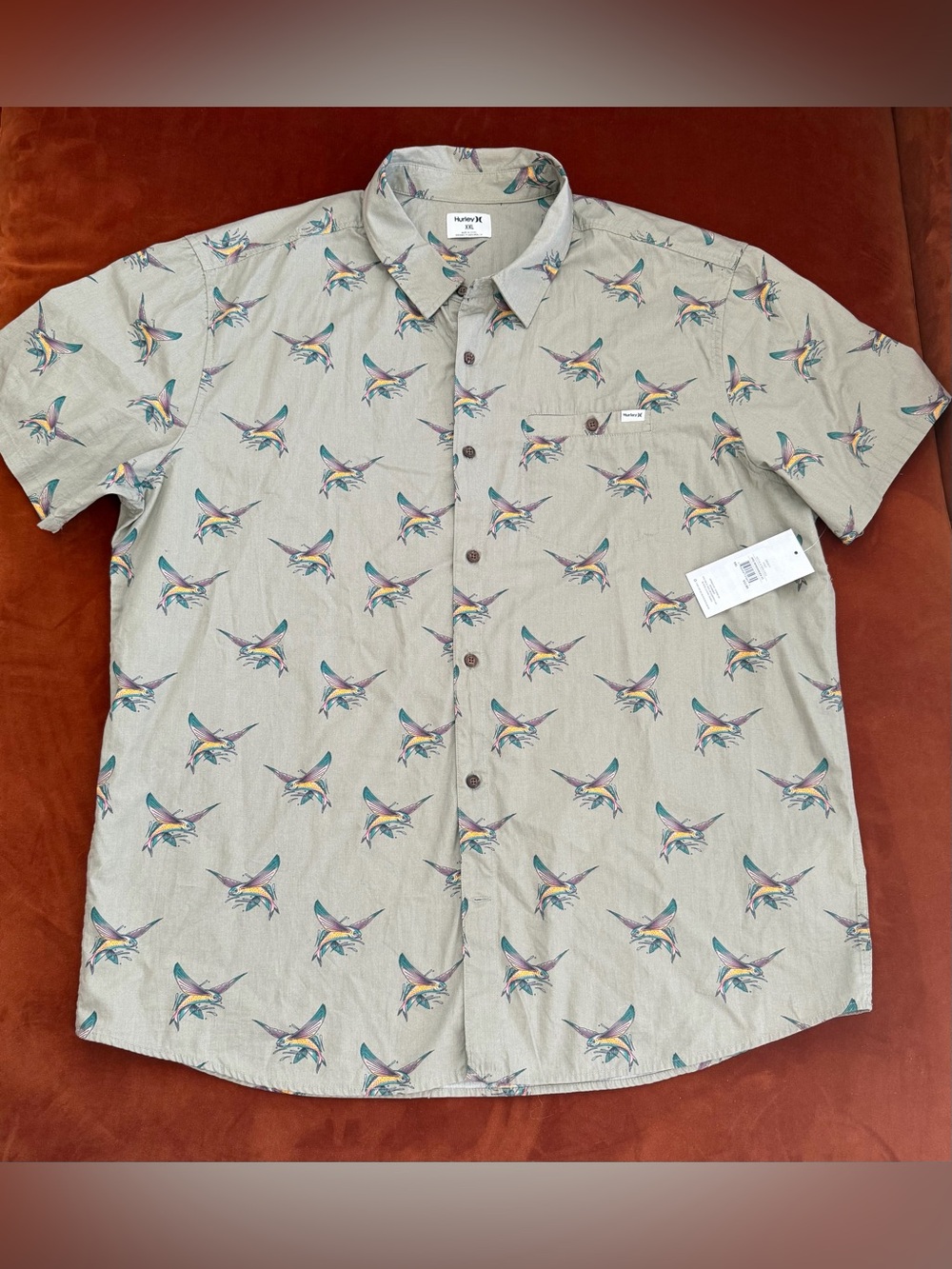 Hurley Wind And Sea Organic Cotton NWT Flying Fish Moss Green SS Button Down XXL